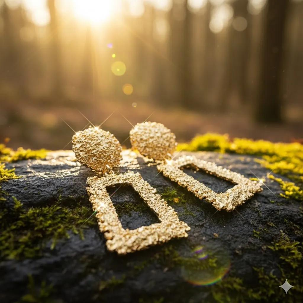Artistische Statement-Ohrhänger – Goldene Hammerschlag-Optik Detail 2