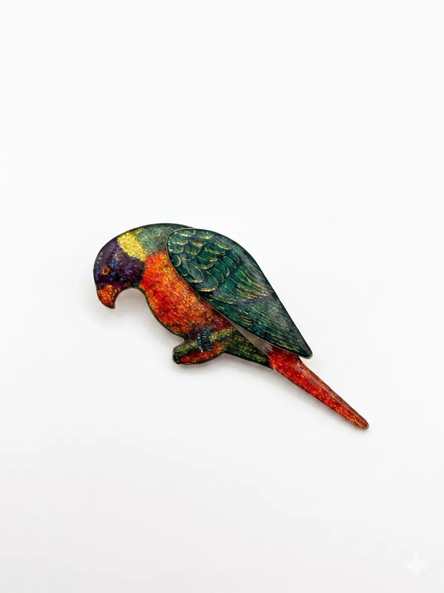 Exquisite Emaille-Brosche "Regenbogenlori"