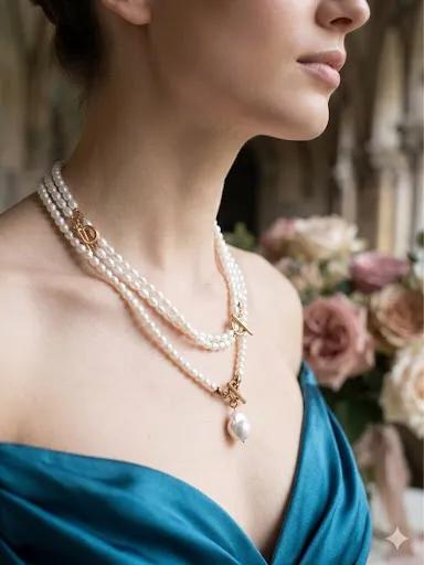 Mehrlagige Perlenkette mit Barockperlen-Anhänger Detail 2