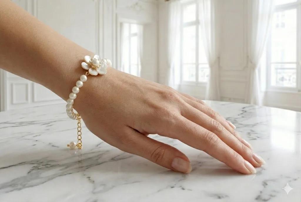Perlenarmband "White Blossom" Detail 2