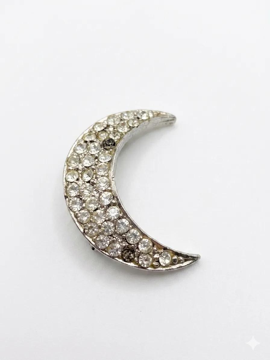 Vintage Strass-Brosche in Halbmond-Form