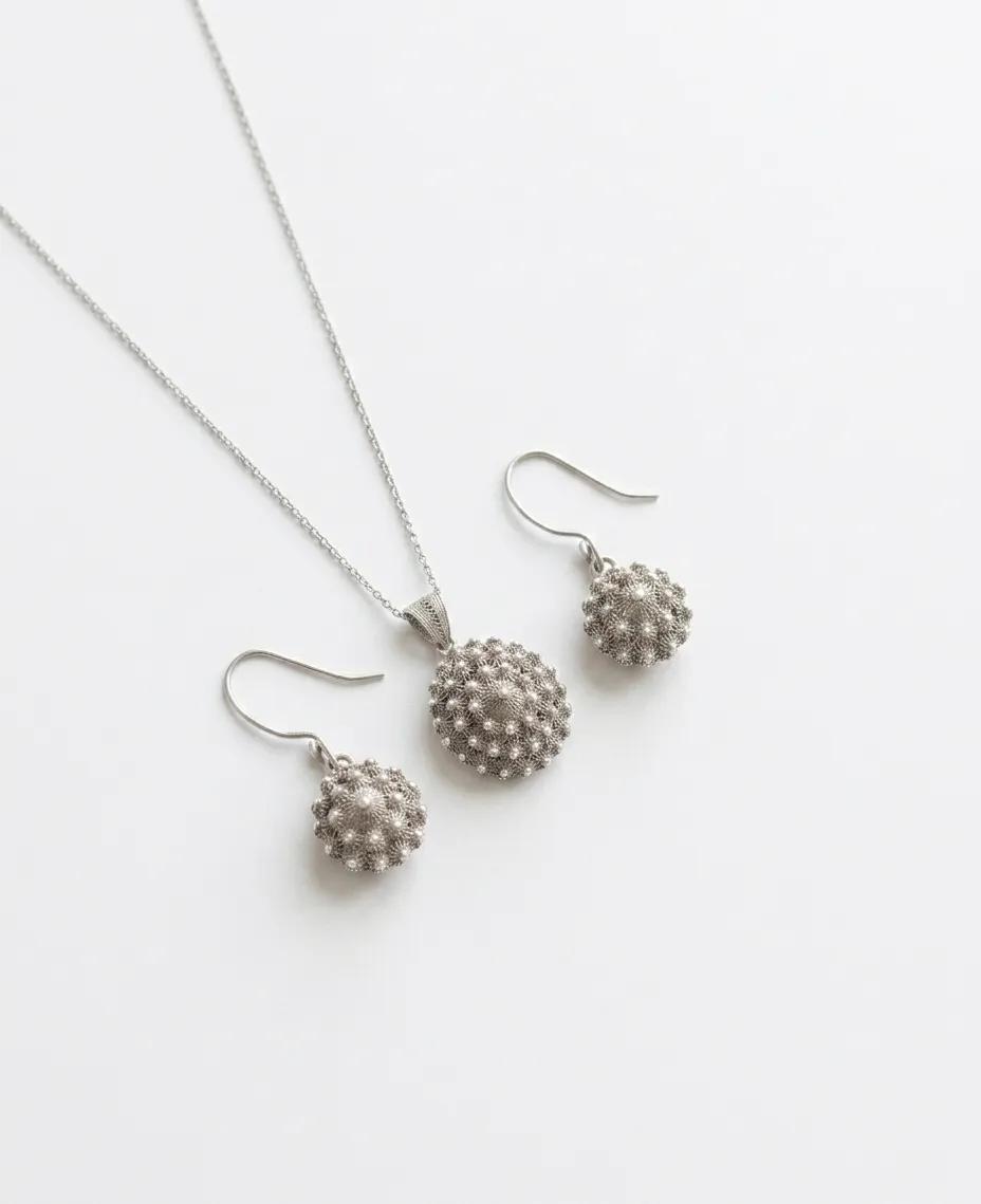 Filigranes Silber-Schmuckset „Seeigel“ – Halskette & Ohrhänger
