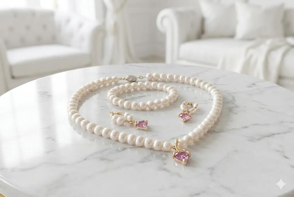 Elegantes Perlen-Schmuckset mit rosa Herz-Akzenten Detail 2
