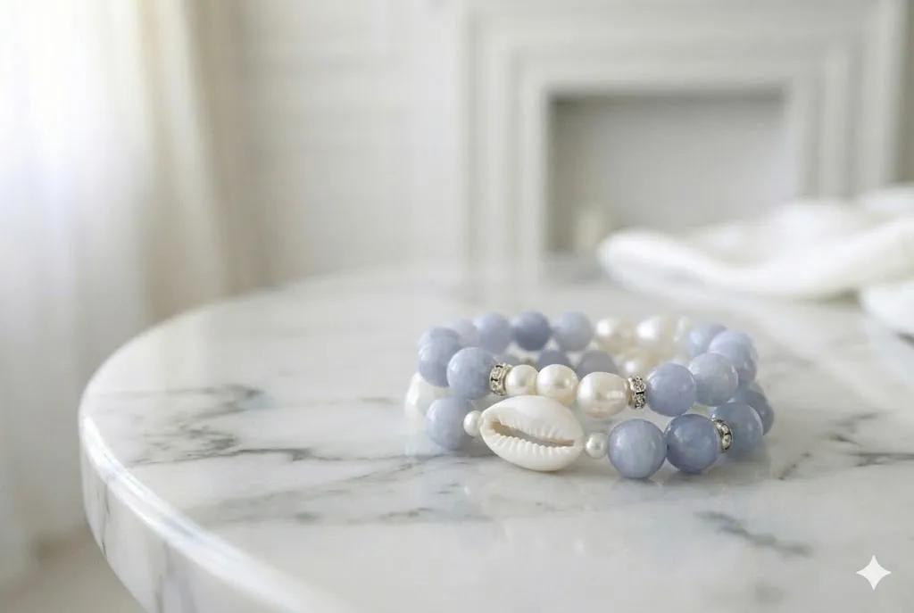 3-teiliges Armband-Set "Blue Lagoon" mit Muschel & Natursteinen Detail 2