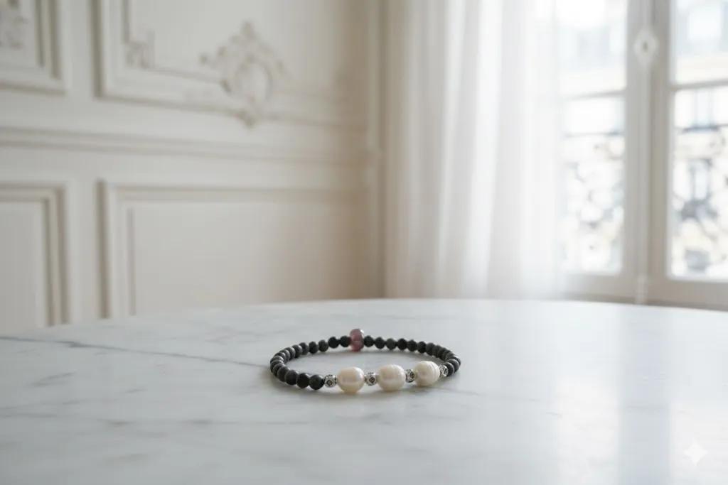 Armband „Éclat Nocturne“ – Lavastein, Süsswasserperlen & Amethyst