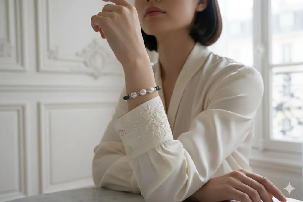 Armband „Éclat Nocturne“ – Lavastein, Süsswasserperlen & Amethyst Detail 2