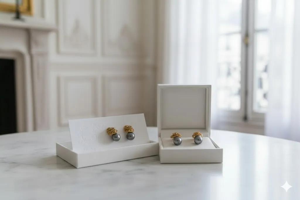 Florale Perlenohrringe „Elegance“ – Gold & Anthrazit Detail 2