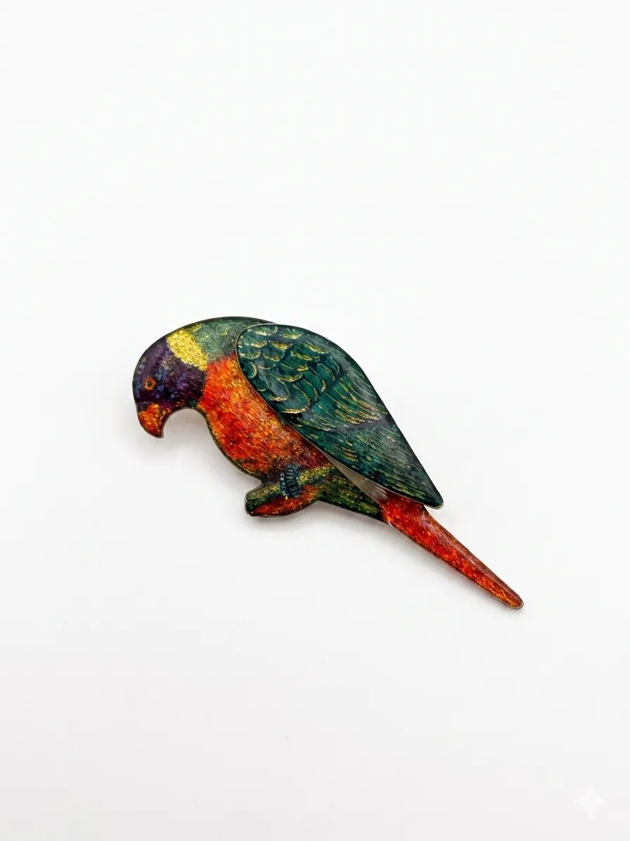 Exquisite Emaille-Brosche "Regenbogenlori"