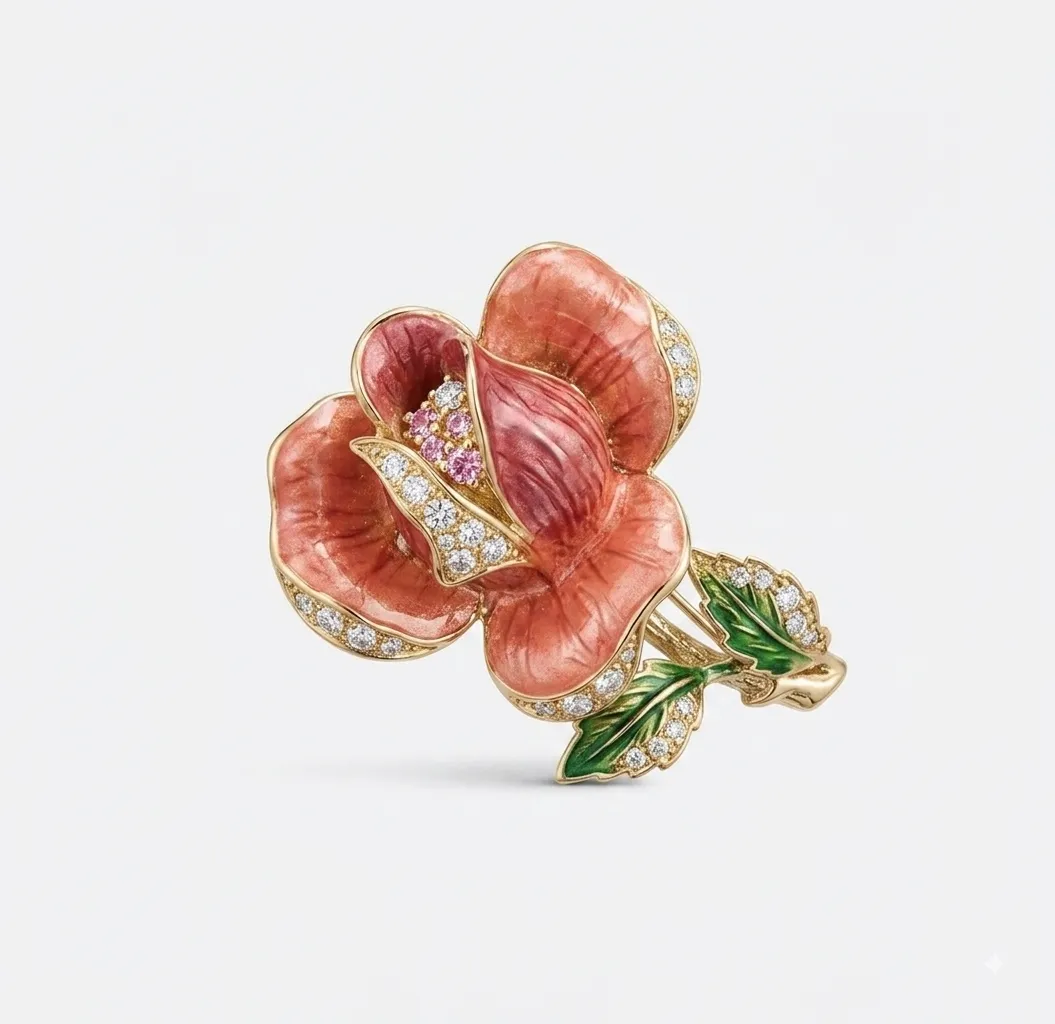 Elegante Emaille-Brosche „Blühende Rose“ mit Zirkonia-Besatz