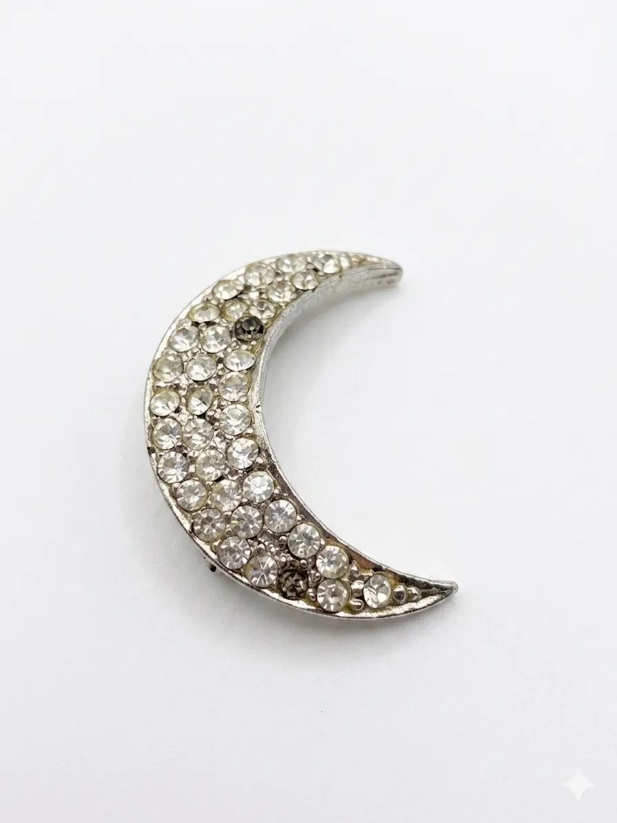 Vintage Strass-Brosche in Halbmond-Form