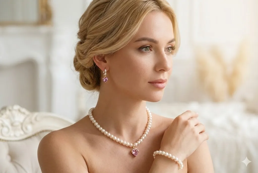 Elegantes Perlen-Schmuckset mit rosa Herz-Akzenten