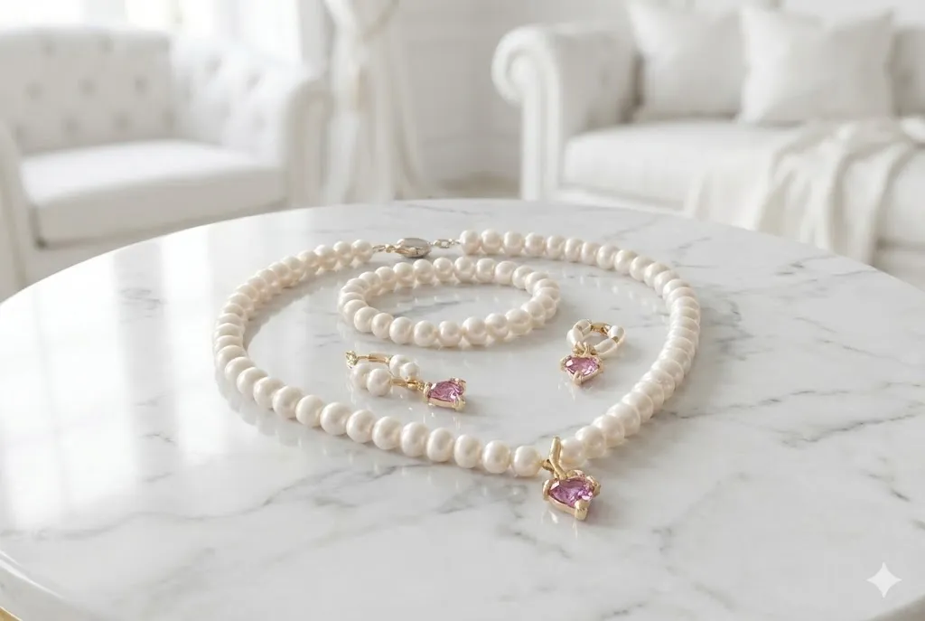 Elegantes Perlen-Schmuckset mit rosa Herz-Akzenten Bild 2