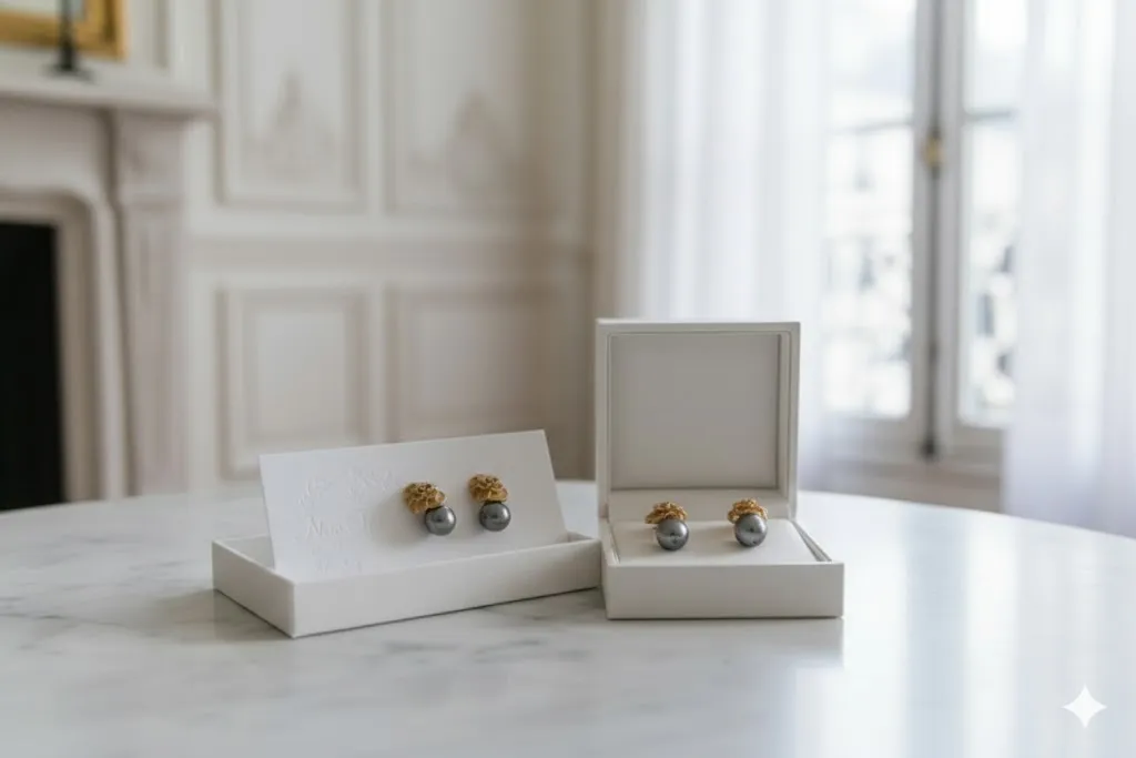 Florale Perlenohrringe „Elegance“ – Gold & Anthrazit Bild 2