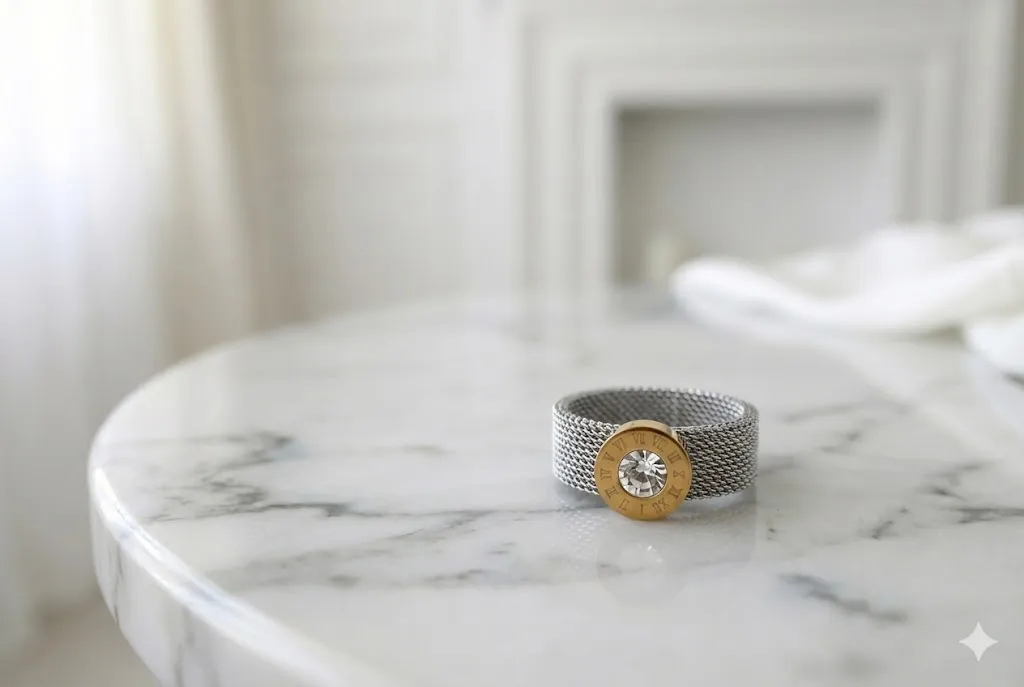 Ring Silber Breit - Mesh Ring mit Stein & Römischen Zahlen